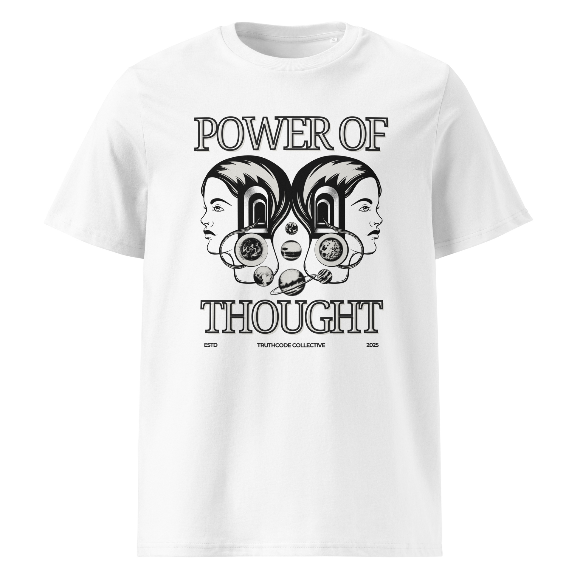 White organic t-shirt with 'Power of Thought' text and design of graphics of the universe coming from 2 heads on a white background