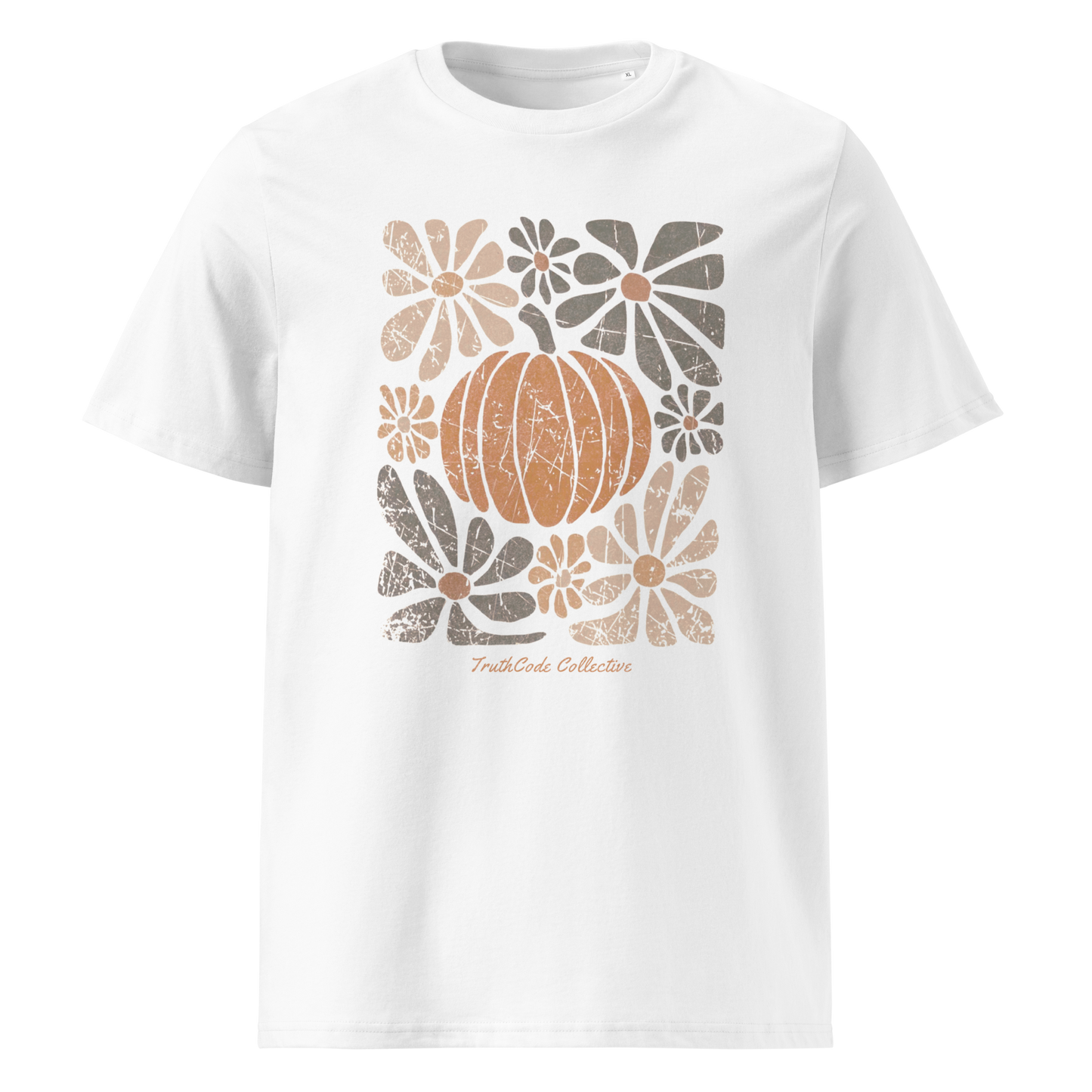 White organic t-shirt with a pumpkin and floral design on a white background