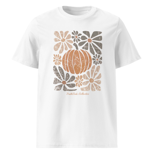White organic t-shirt with a pumpkin and floral design on a white background
