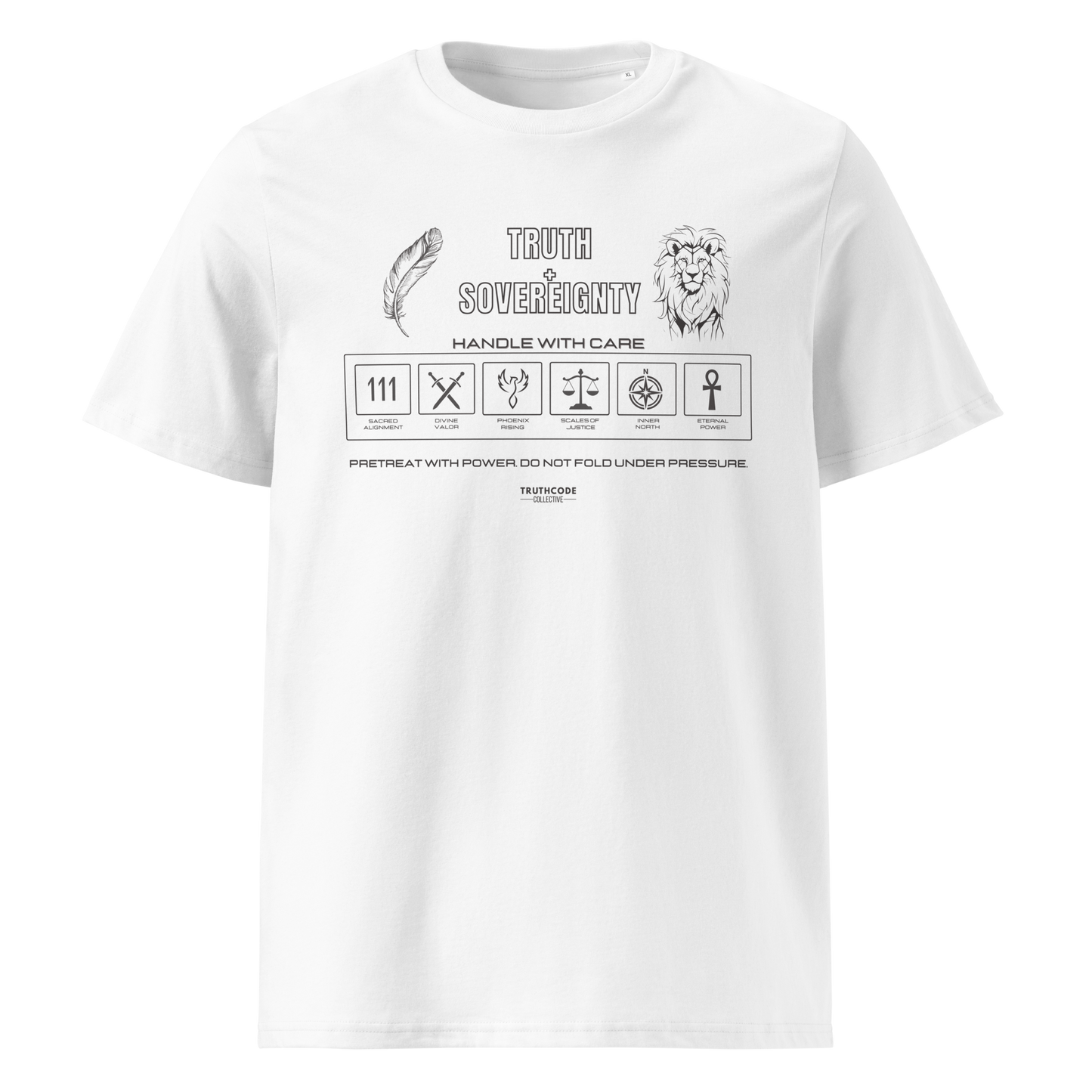 White organic t-shirt with text 'Truth + Sovereignty' with symbols and graphics relating to it on a white background