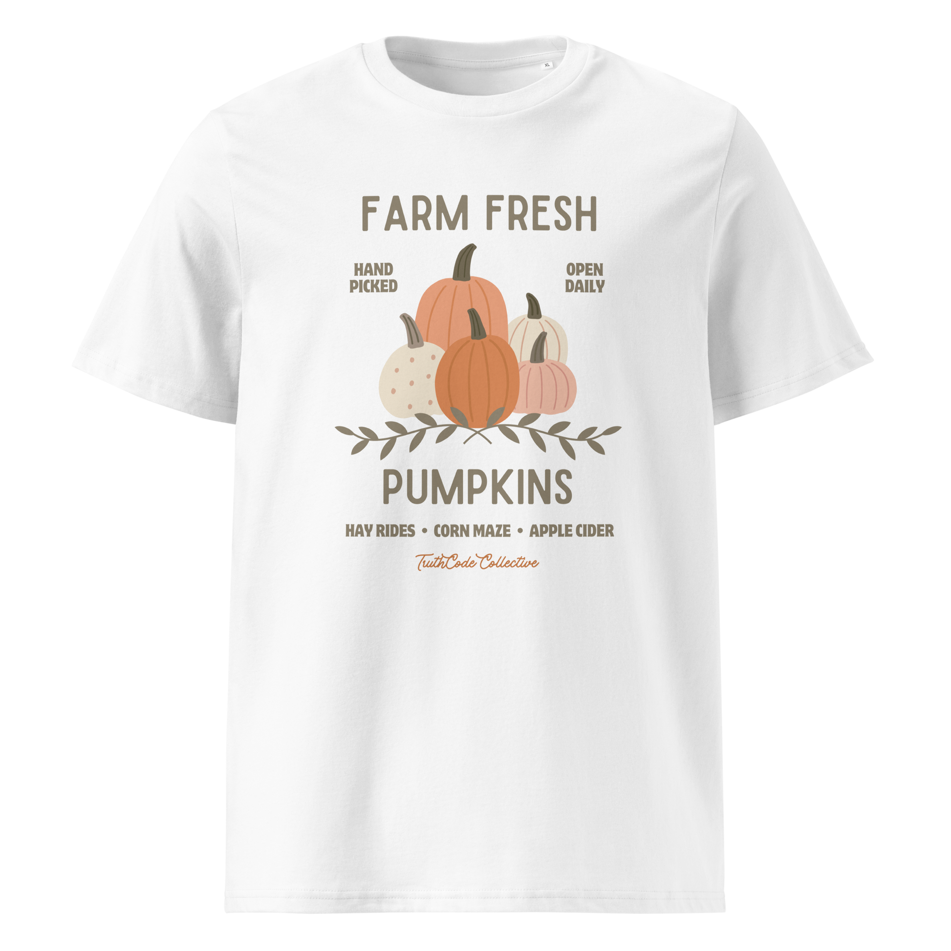 White organic t-shirt with 'Farm Fresh Pumpkins' text and pumpkin graphic design on a white background