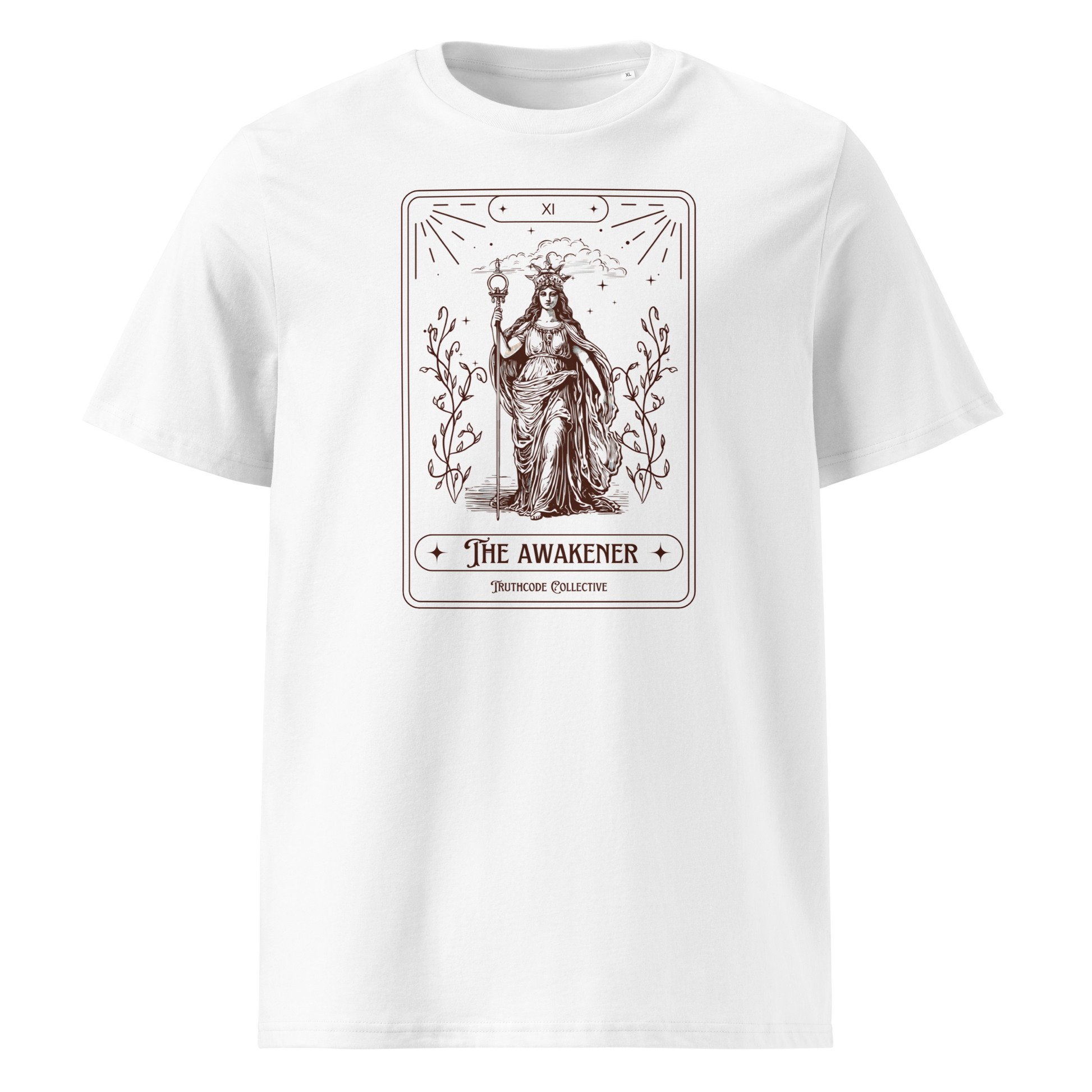 White organic t-shirt with 'The Awakener' tarot card design on a white background