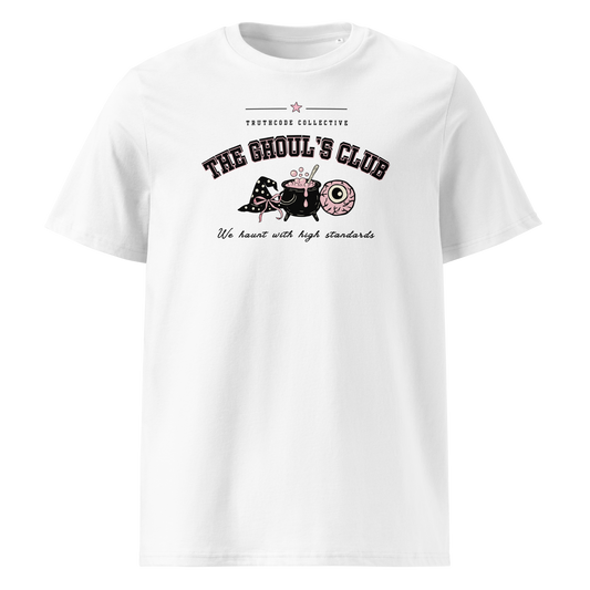 White organic t- shirt with 'The Ghoul's Club' text and Halloween graphic design on a white background