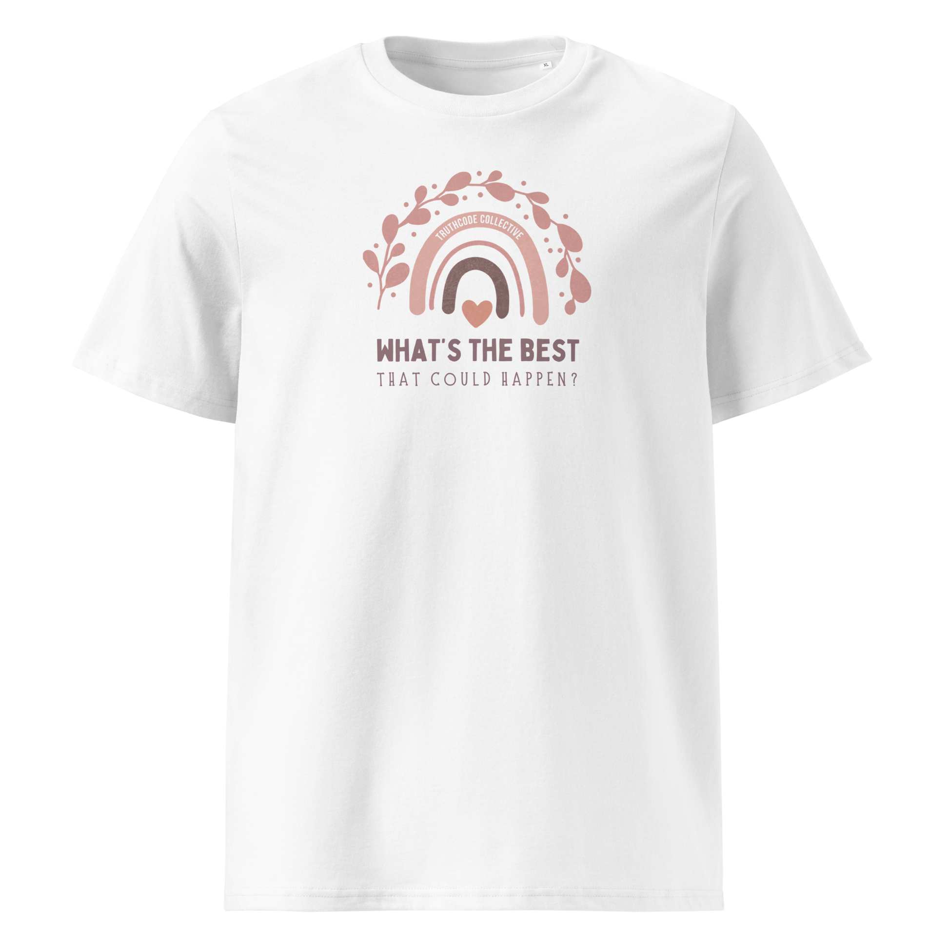 White organic t-shirt with a pink rainbow and text 'What's the best that could happen?' design on a white background