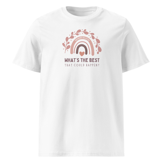 White organic t-shirt with a pink rainbow and text 'What's the best that could happen?' design on a white background