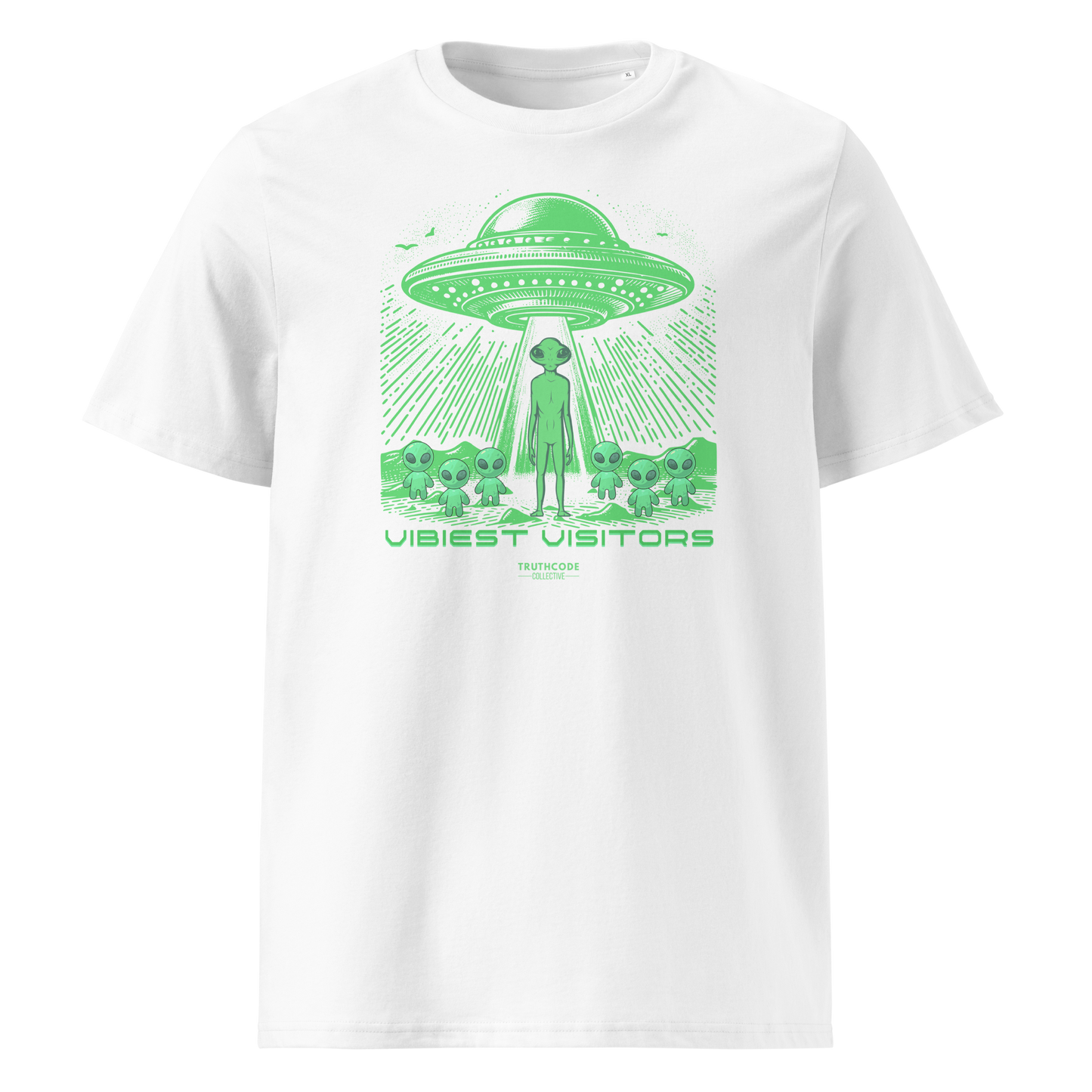 White organic t-shirt with green alien abduction graphic and text 'Vibiest visitors' on a white background