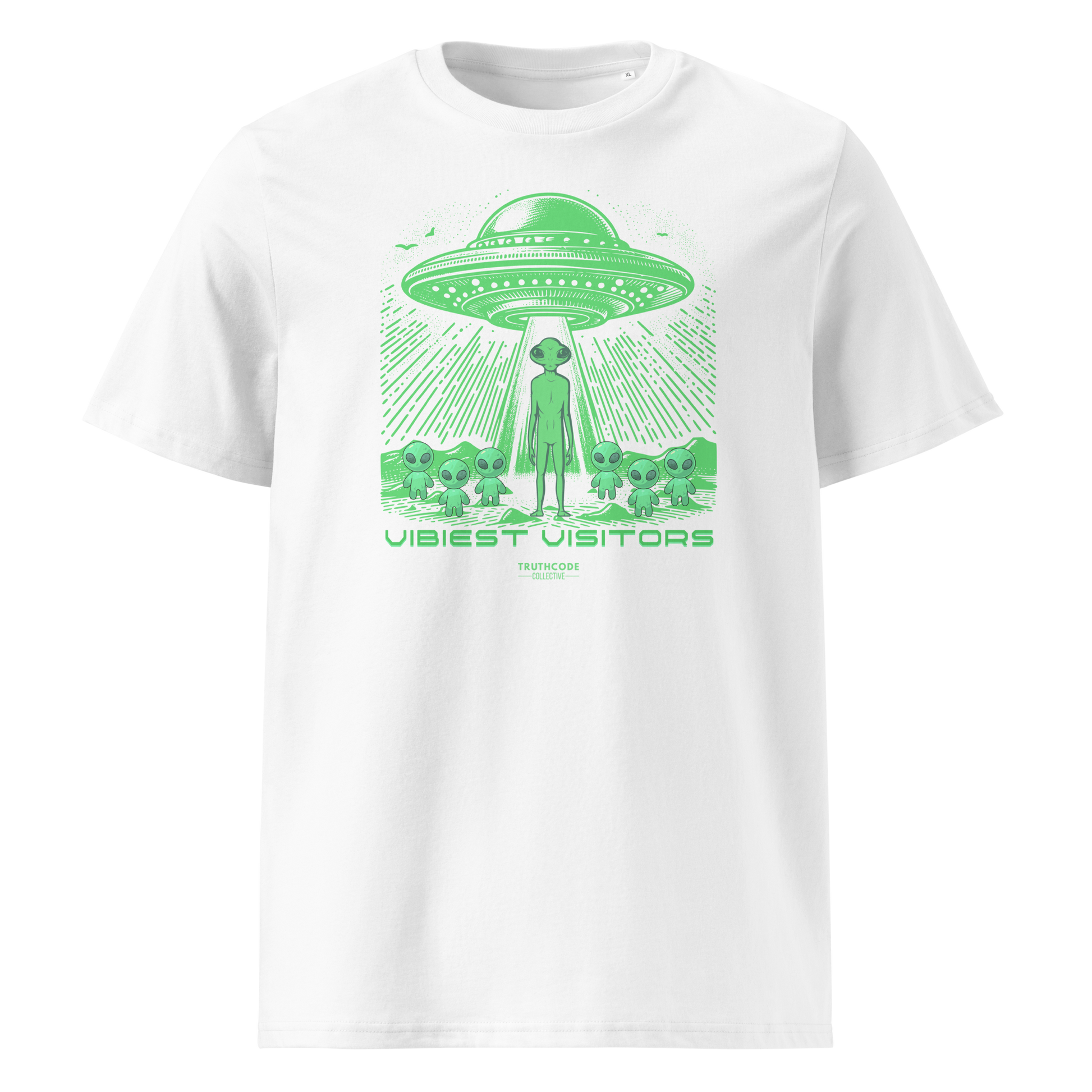 White organic t-shirt with green alien abduction graphic and text 'Vibiest visitors' on a white background