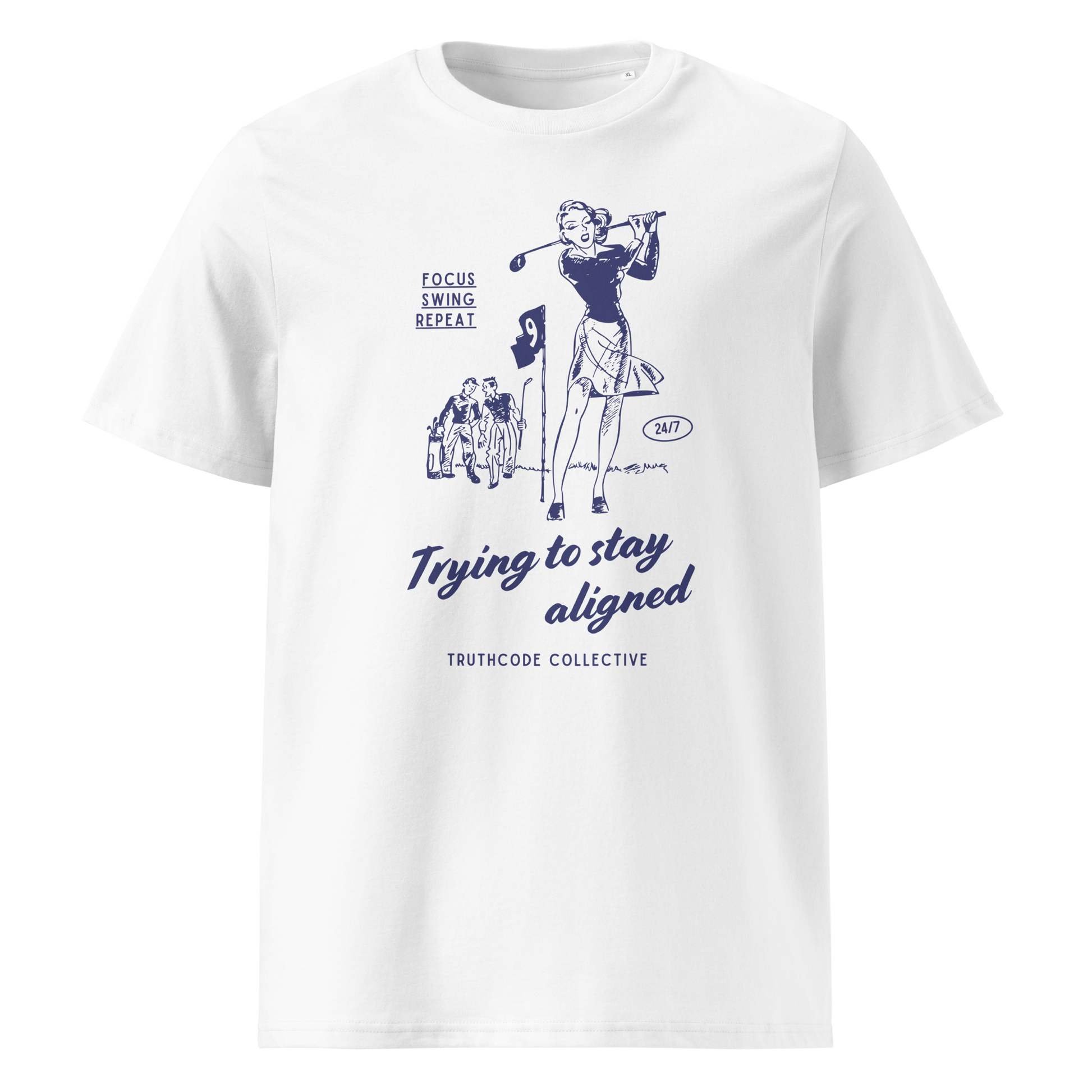 White organic t-shirt with blue vintage graphic of a woman golfing and text 'Trying to stay aligned' and 'Focus, swing, repeat' on a white background