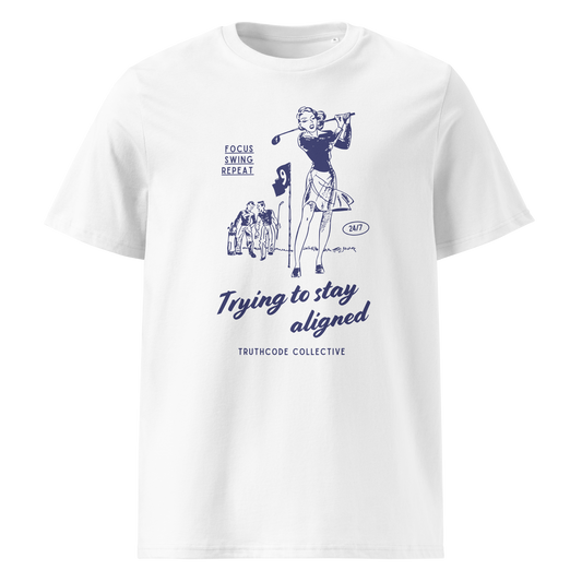 White organic t-shirt with blue vintage graphic of a woman golfing and text 'Trying to stay aligned' and 'Focus, swing, repeat' on a white background