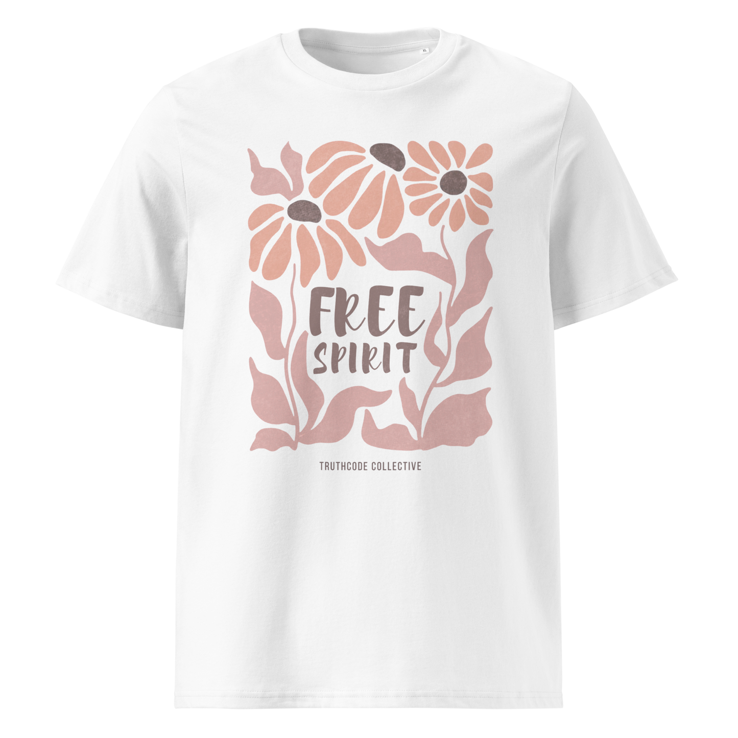White organic t-shirt with pink floral design and 'Free Spirit' text on a white background