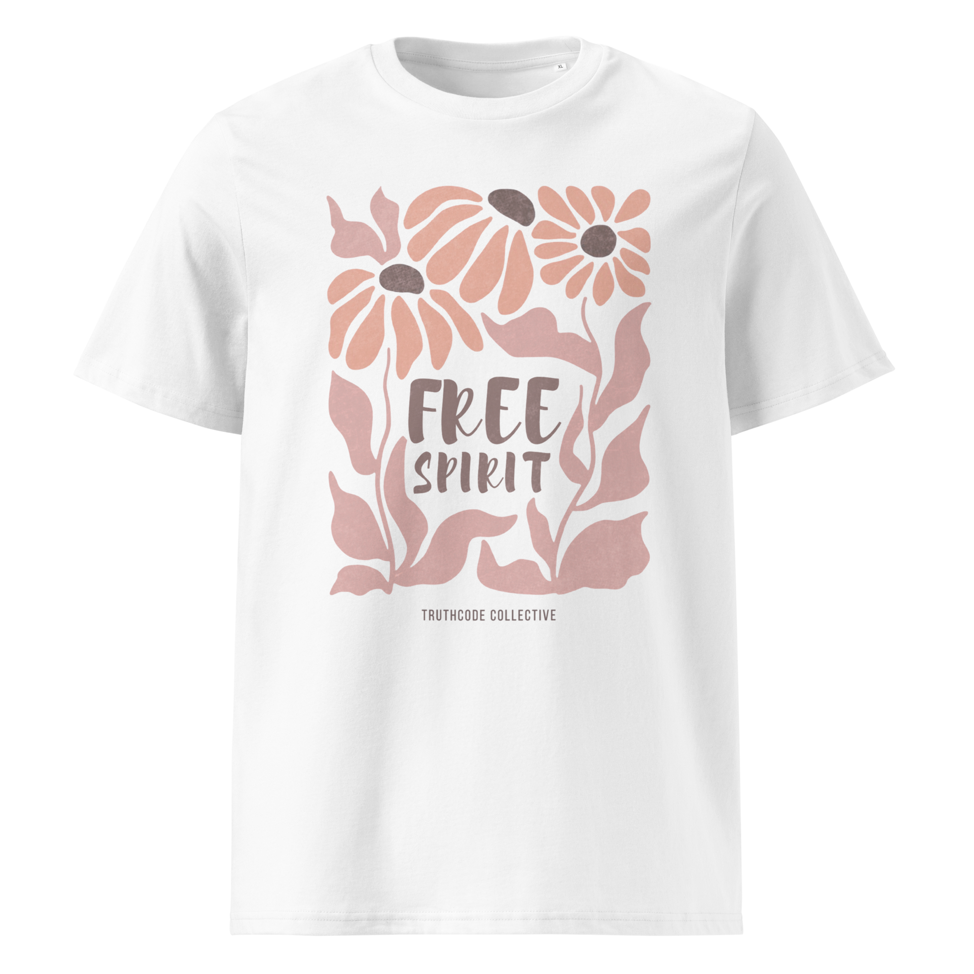 White organic t-shirt with pink floral design and 'Free Spirit' text on a white background