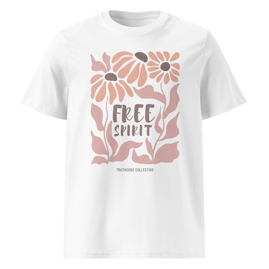 White organic t-shirt with pink floral design and 'Free Spirit' text on a white background