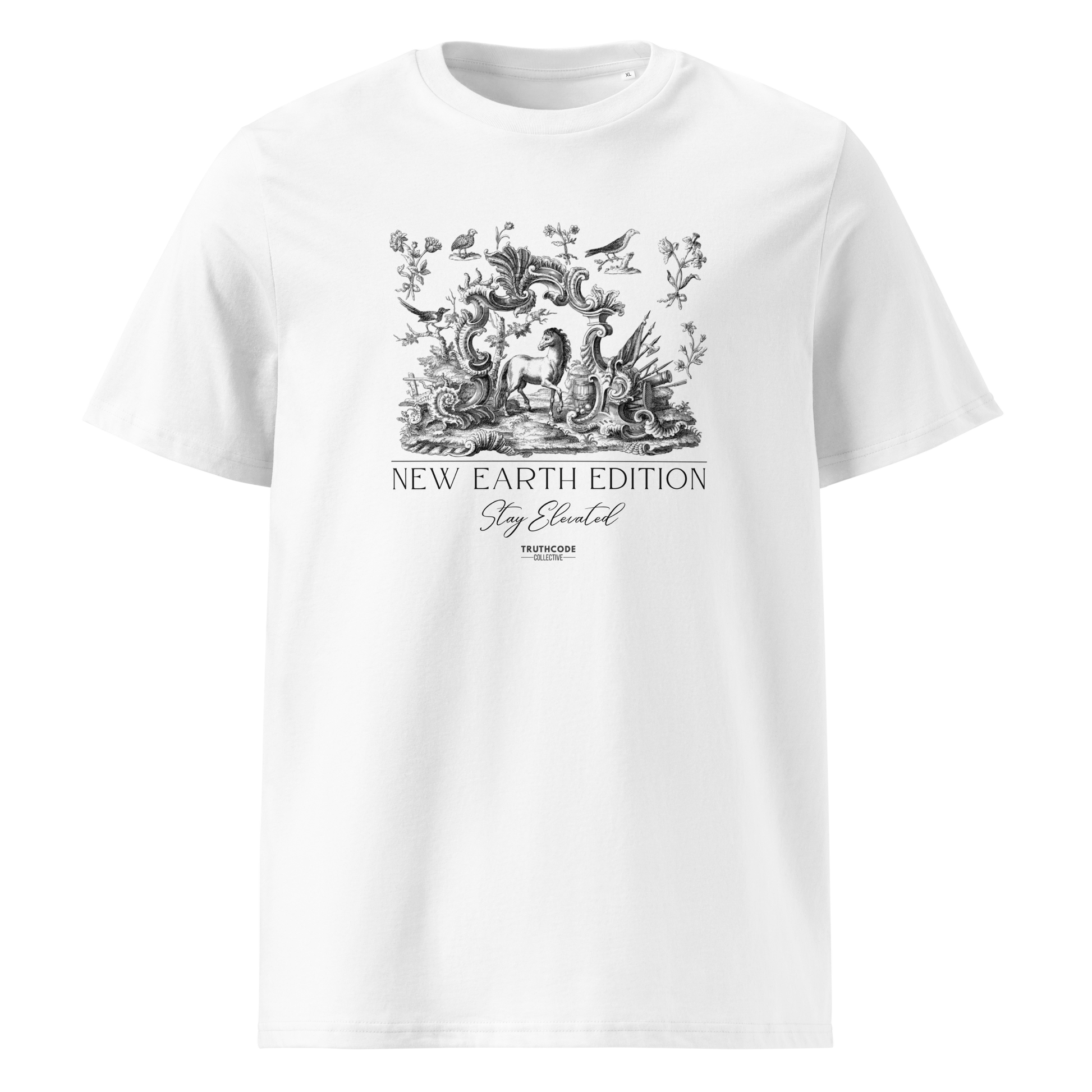 White organic t-shirt with nature and animals graphic design and text 'New earth edition, stay elevated' on a white background