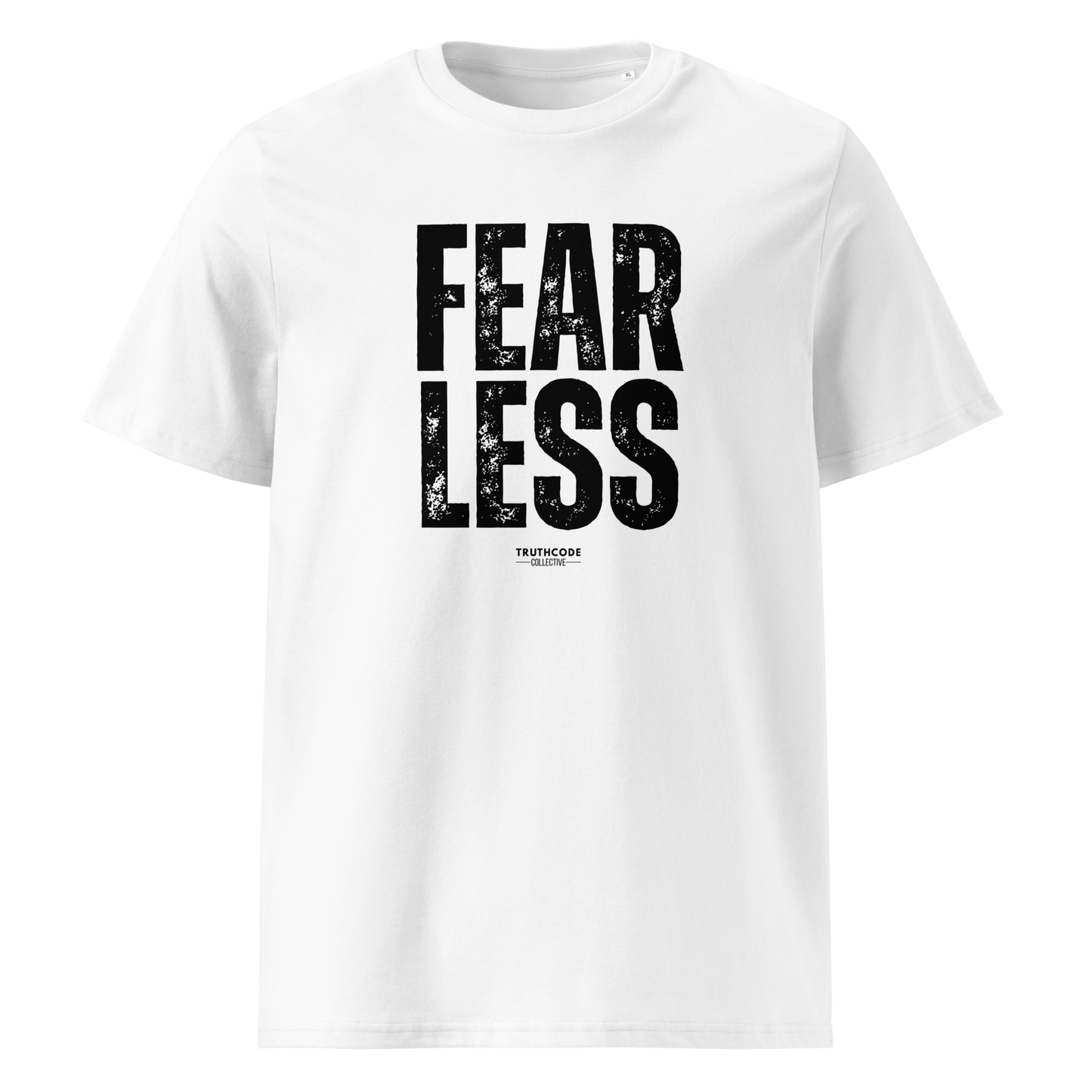 White organic t-shirt with 'FEARLESS' text on a white background