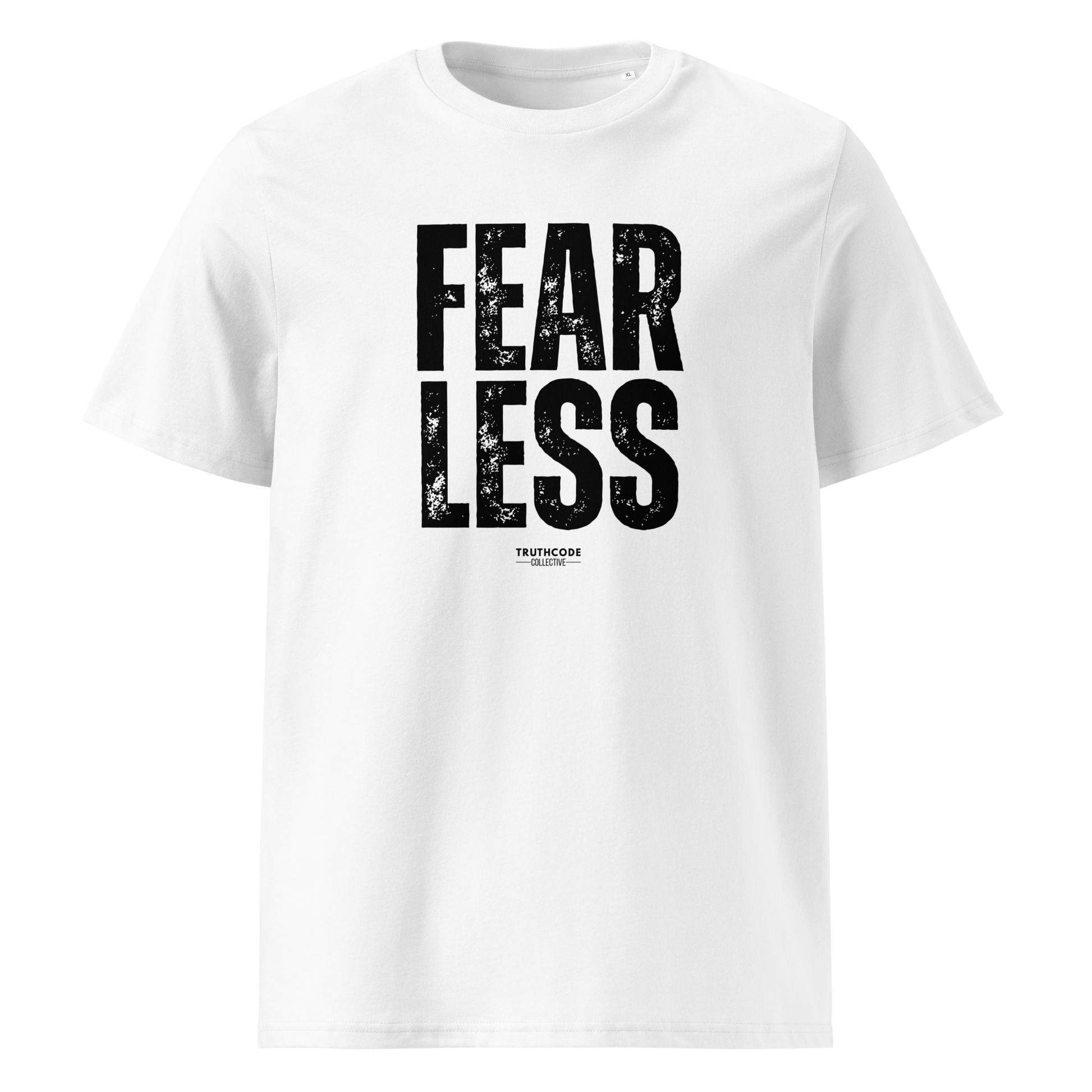 White organic t-shirt with 'FEARLESS' text on a white background