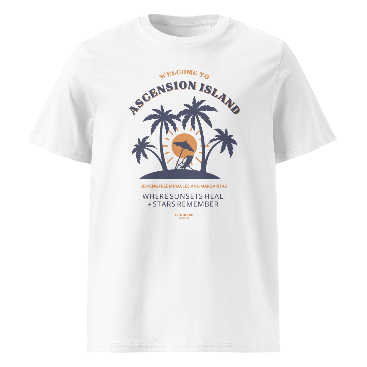 White organic t-shirt with palm tree design and text 'Ascension island, where sunsets heal + stars remember' on a white background