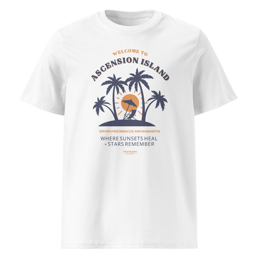 White organic t-shirt with palm tree design and text 'Ascension island, where sunsets heal + stars remember' on a white background