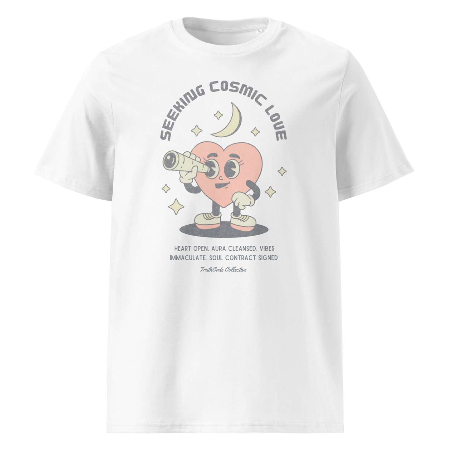 White organic t-shirt with a heart-shaped character holding a telescope and text 'Seeking Cosmic Love' on a white background.