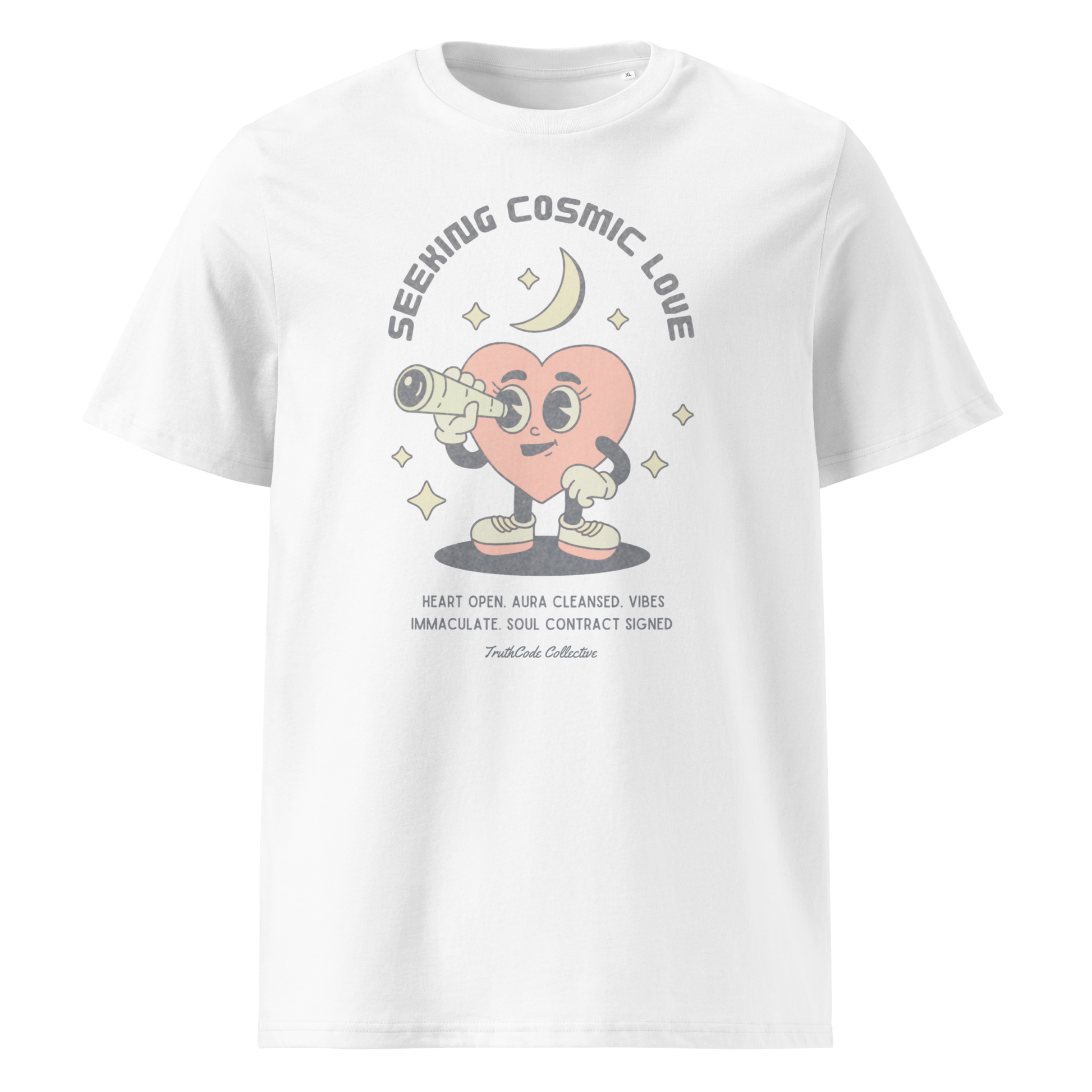 White organic t-shirt with a heart-shaped character holding a telescope and text 'Seeking Cosmic Love' on a white background.
