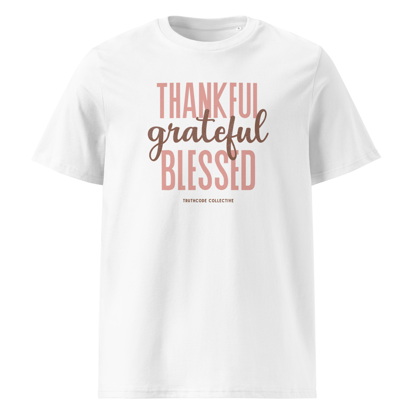 White organic t-shirt with 'Thankful grateful BLESSED' text on a white background