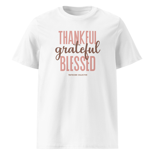 White organic t-shirt with 'Thankful grateful BLESSED' text on a white background