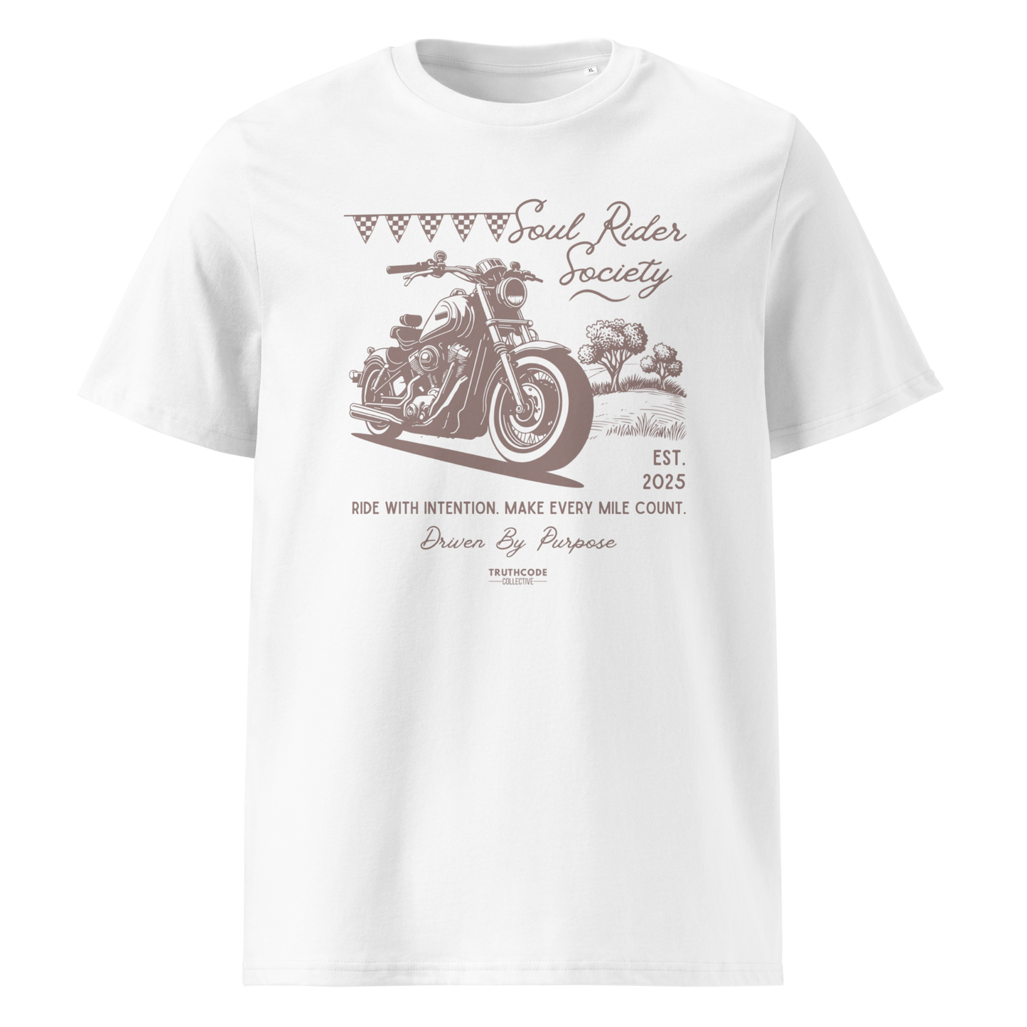 White organic t-shirt with motorcycle graphic and text 'Soul rider society, ride with intention, make every mile count' on a white background