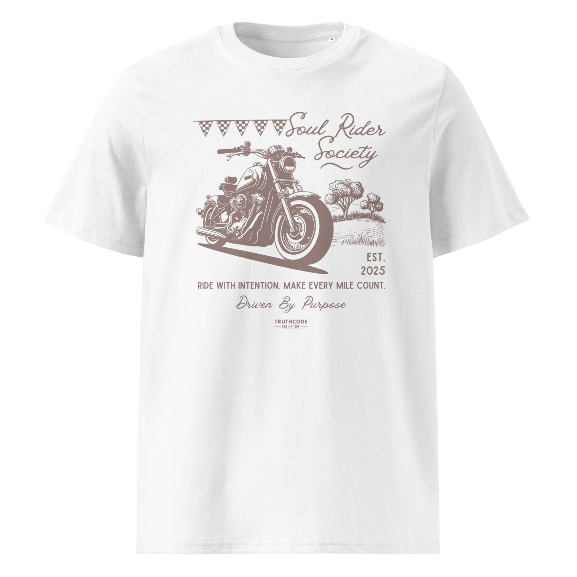 White organic t-shirt with motorcycle graphic and text 'Soul rider society, ride with intention, make every mile count' on a white background