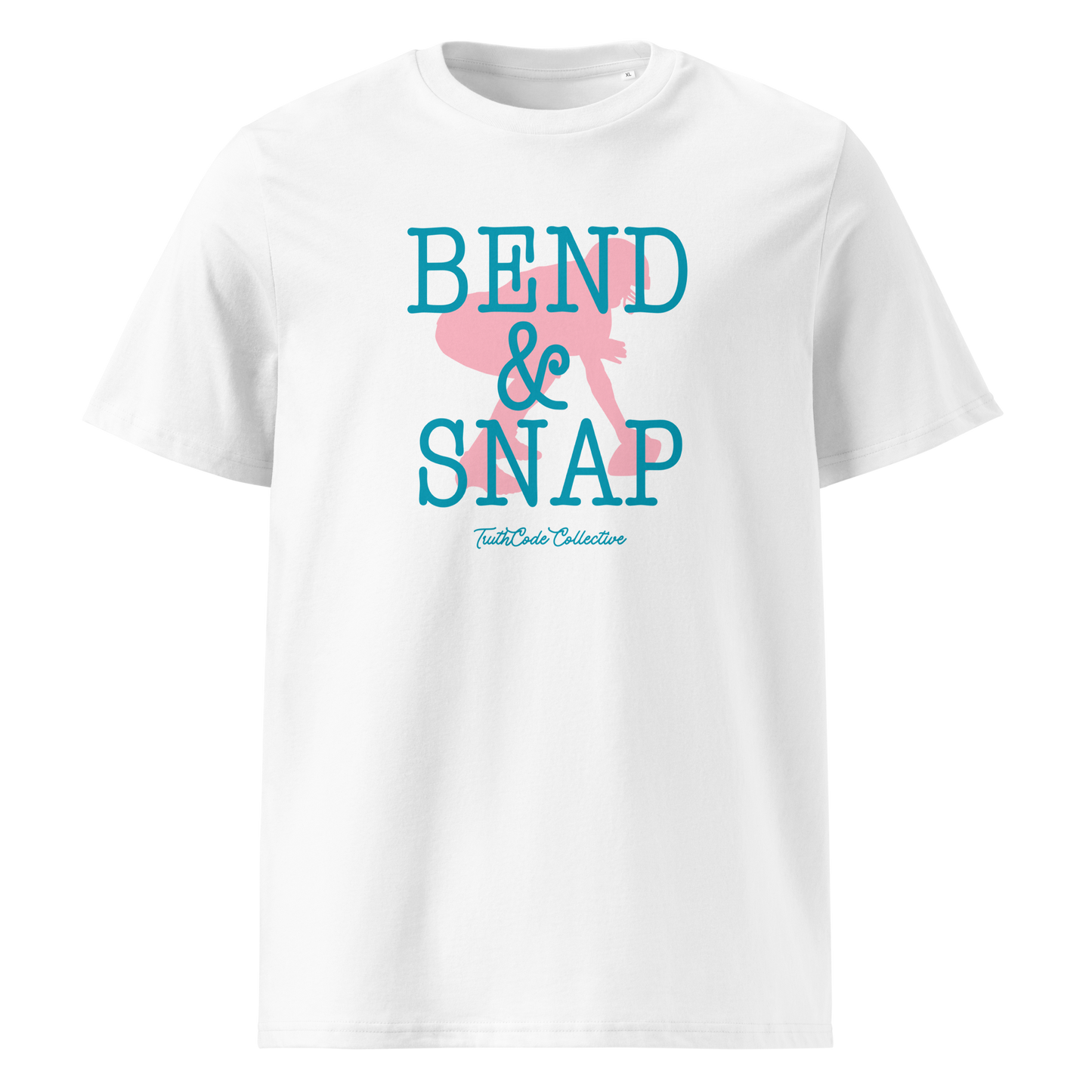 White organic t-shirt with 'Bend & Snap' text and football player snapping football silhouette graphic on a white background
