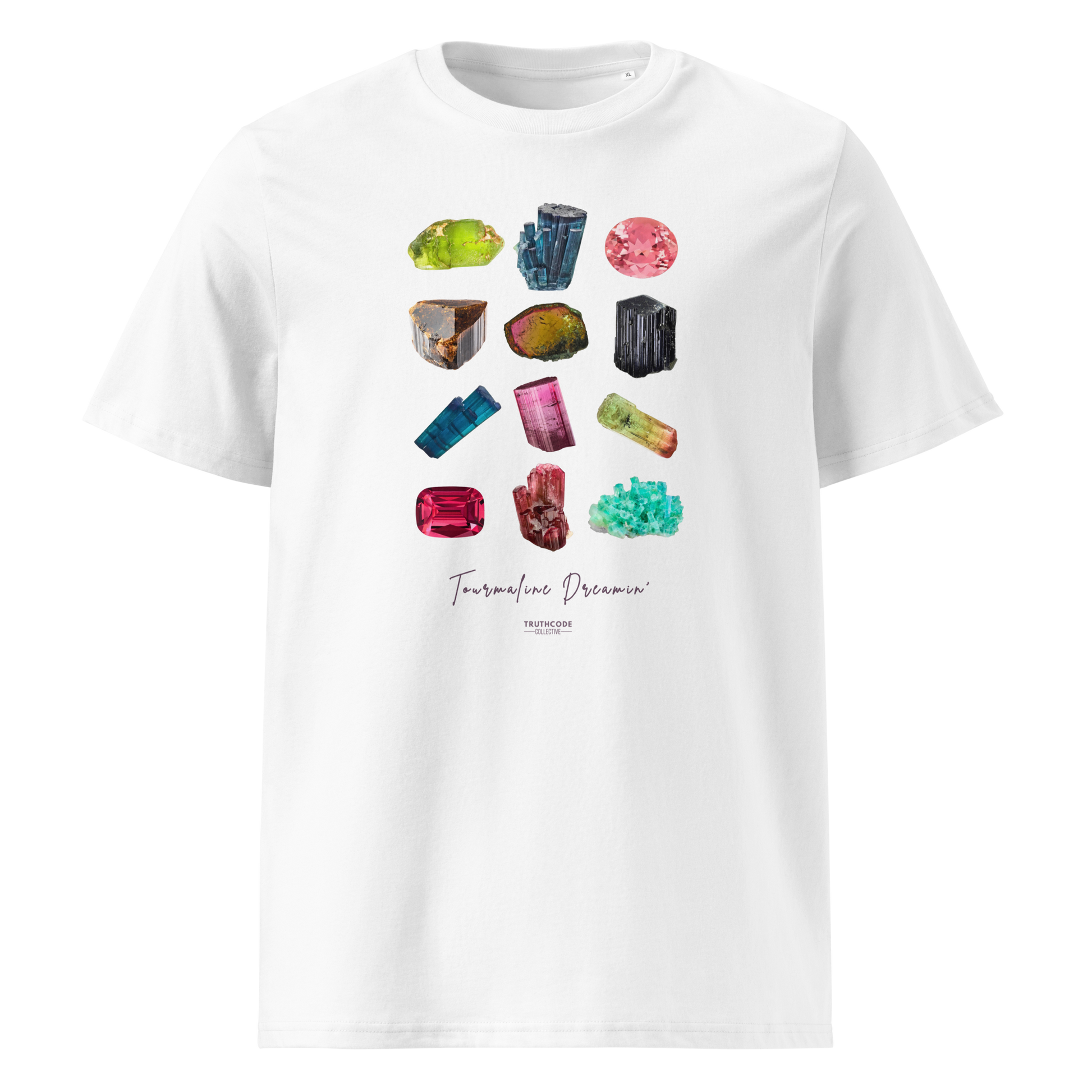 White organic t-shirt with gemstone graphic and text 'Tourmaline Dreamin'  on a white background