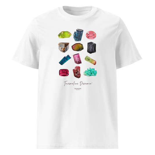 White organic t-shirt with gemstone graphic and text 'Tourmaline Dreamin'  on a white background