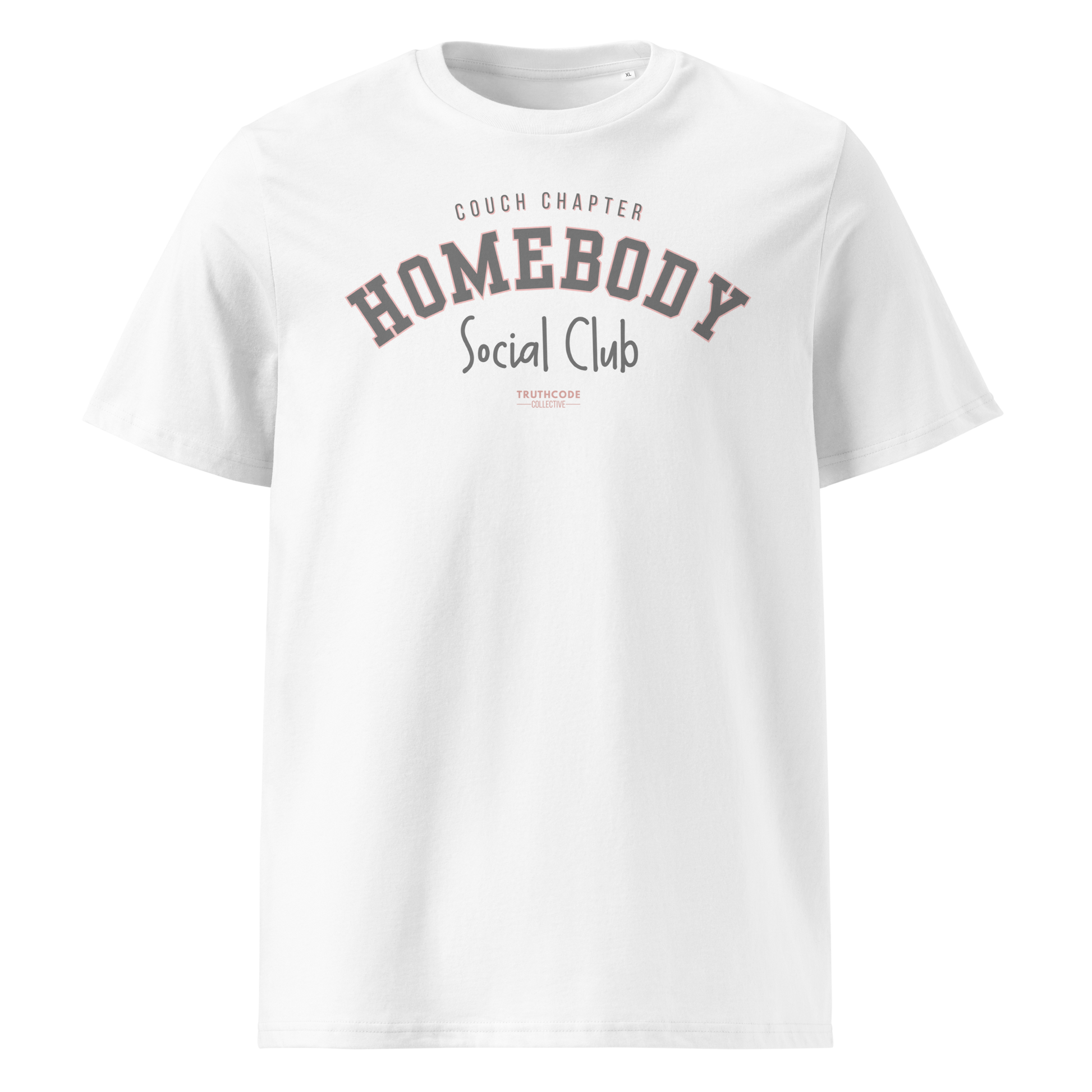 White organic t-shirt with 'Homebody Social Club' text on a white background