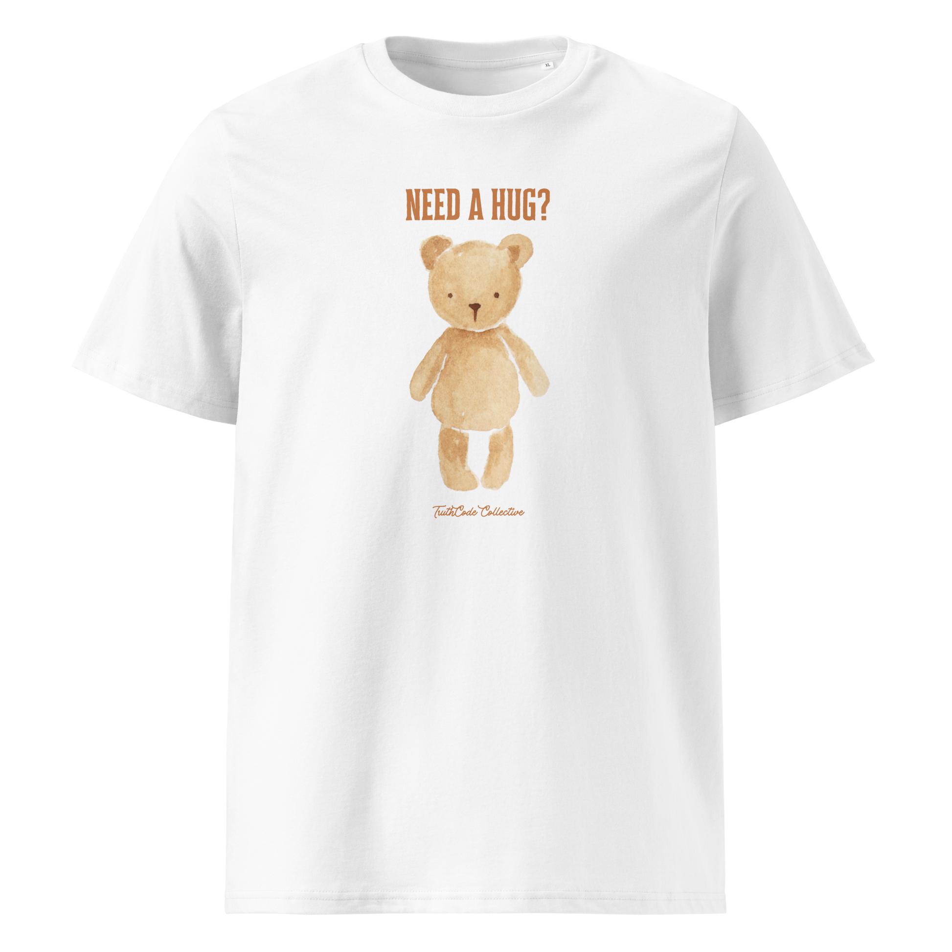 White organic t-shirt with a teddy bear graphic and text 'NEED A HUG?' on a white background