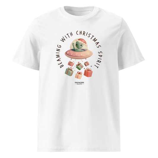 White organic t-shirt with Christmas- themed alien graphic and text 'Beaming with Christmas spirit'  on a white background