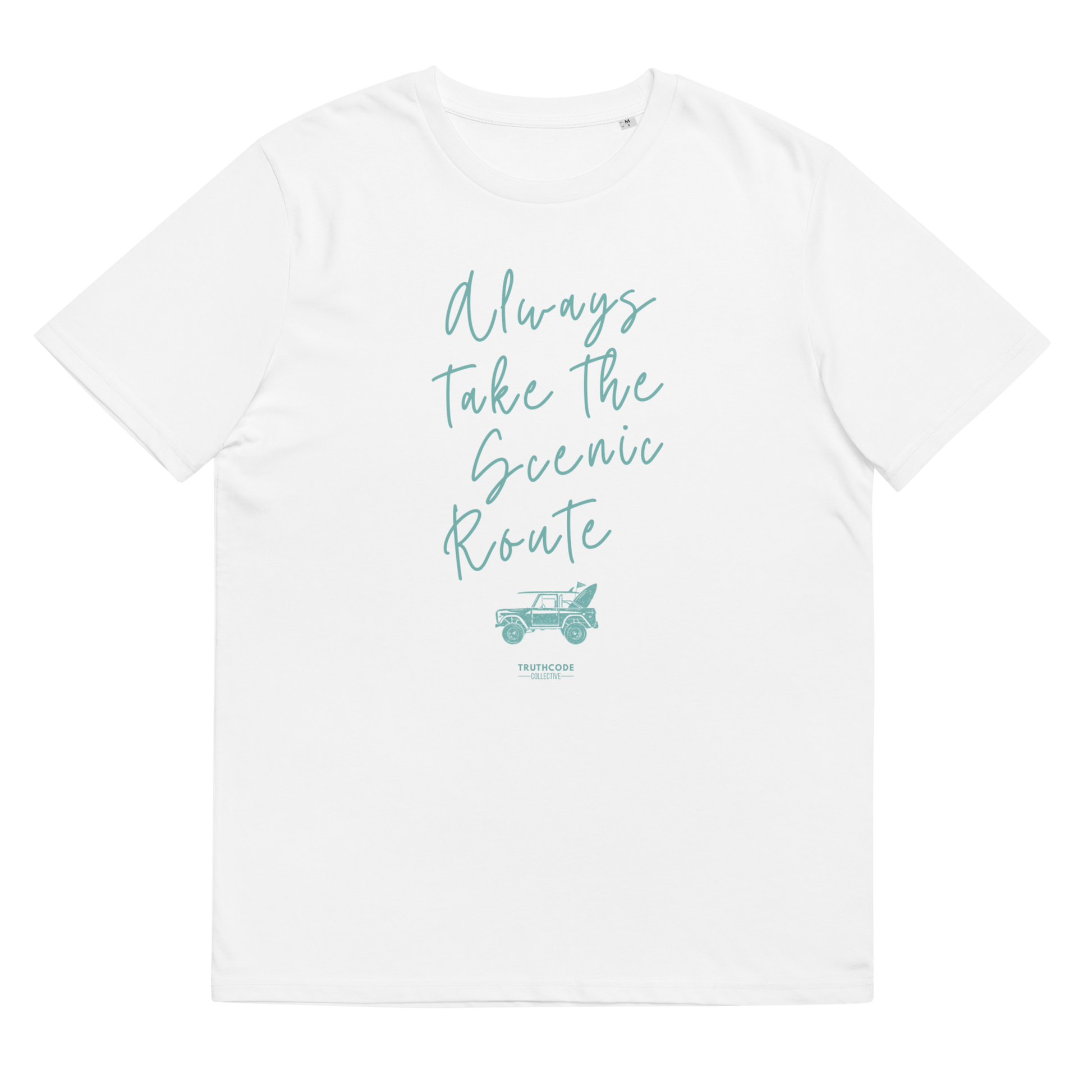 White organic t-shirt with text design 'Always take the scenic route' with truck with surf board graphic on a white background