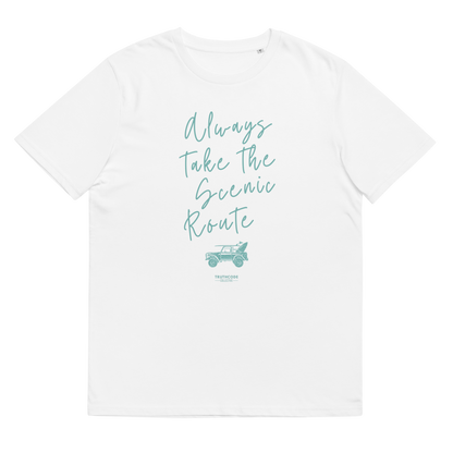 White organic t-shirt with text design 'Always take the scenic route' with truck with surf board graphic on a white background