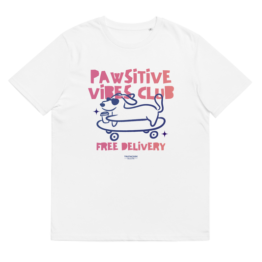 White organic t-shirt with wiener dog on a skate board graphic design and text 'Paw-sitive vibes club, free delivery' on a white background