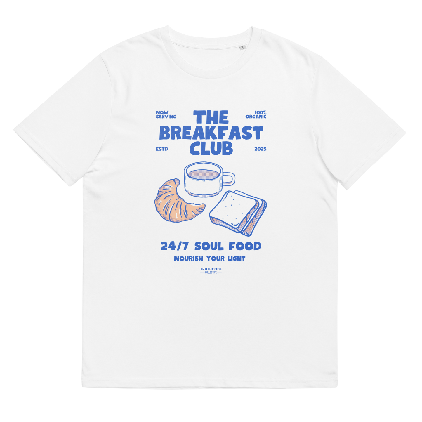 White organic t-shirt with 'The Breakfast Club' graphic design featuring a coffee cup, croissant, and sandwich.
