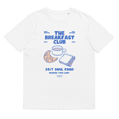 White organic t-shirt with 'The Breakfast Club' graphic design featuring a coffee cup, croissant, and sandwich.