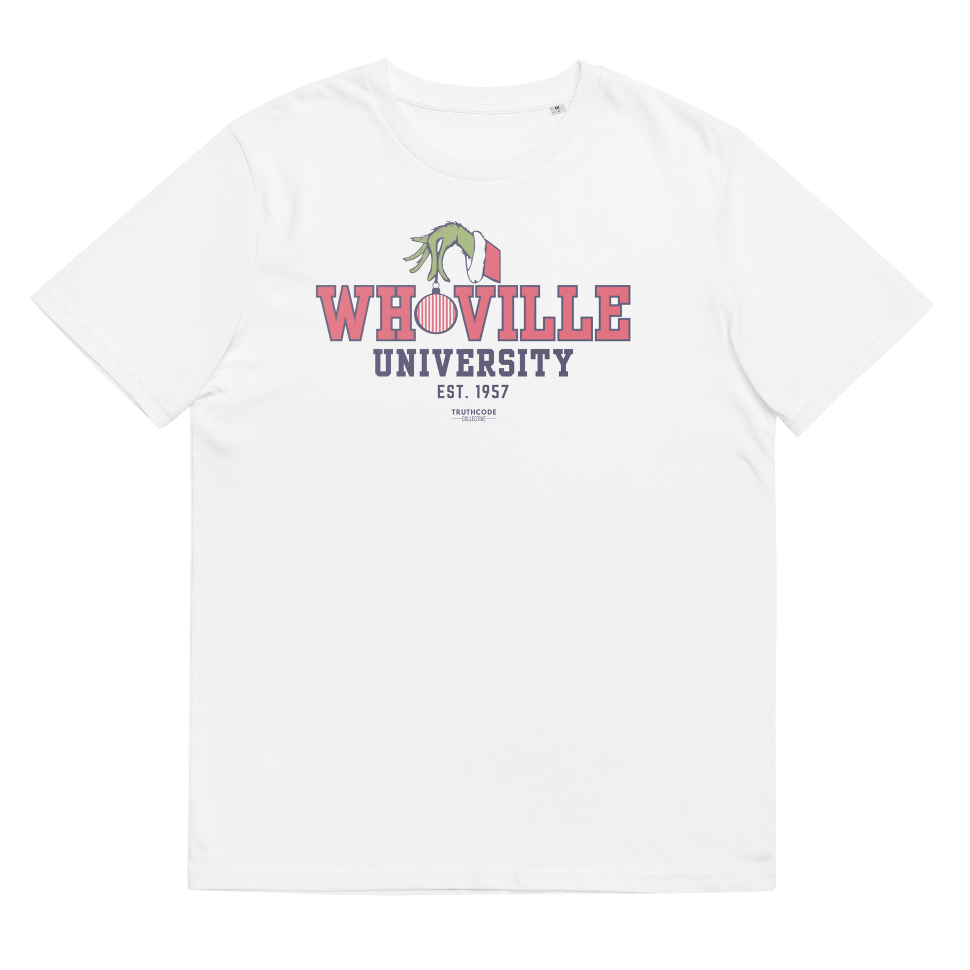 White t-shirt with 'WHOVILLE UNIVERSITY' text and graphic on a white background
