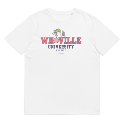 White t-shirt with 'WHOVILLE UNIVERSITY' text and graphic on a white background