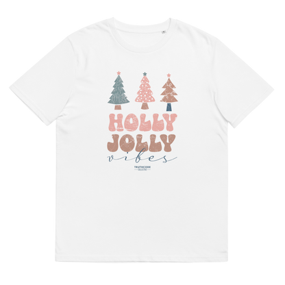 White t-shirt with Christmas tree design and 'Holly Jolly Vibes' text on a white background
