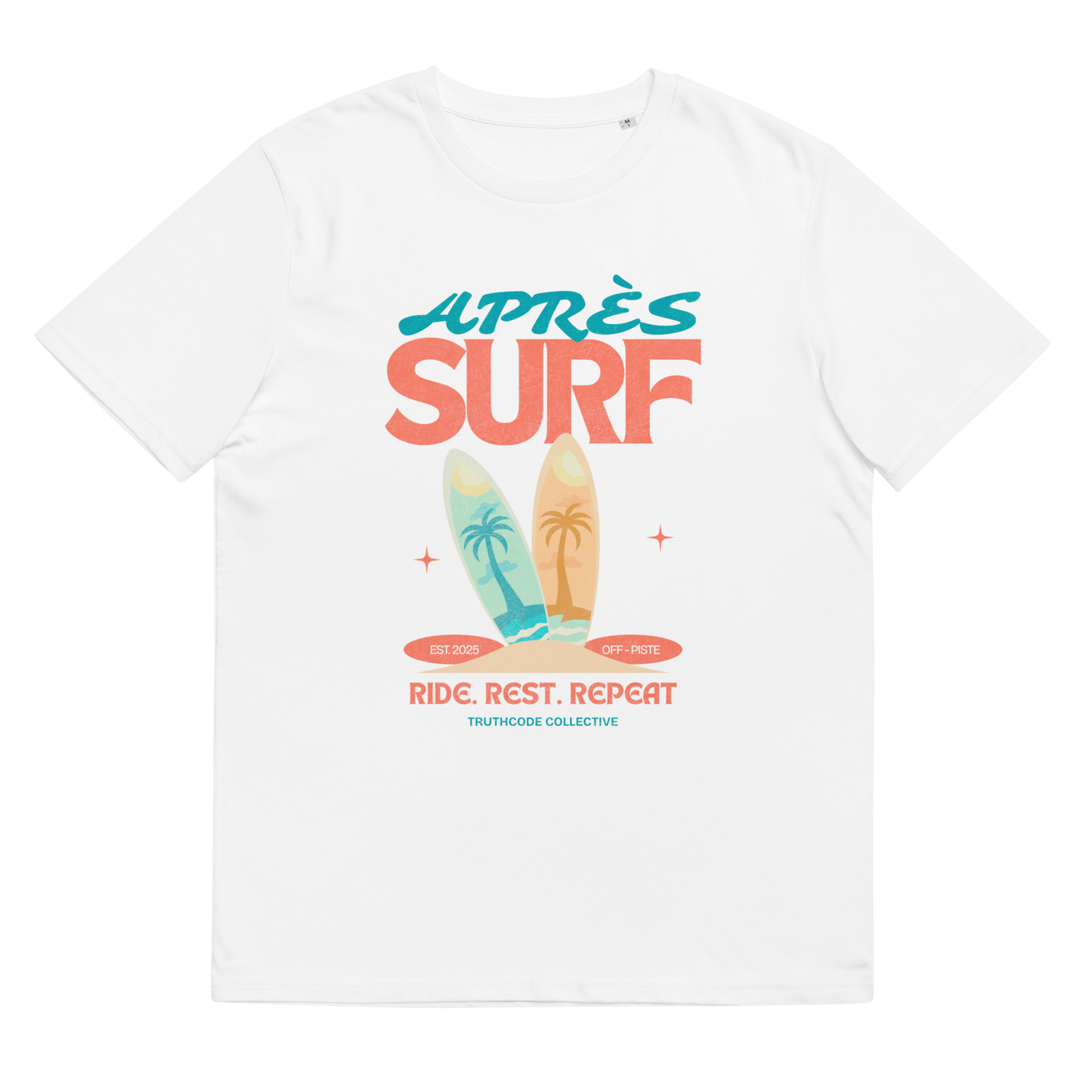 White organic t-shirt with colorful 'Après Surf' design featuring surfboards and palm trees on a white background.