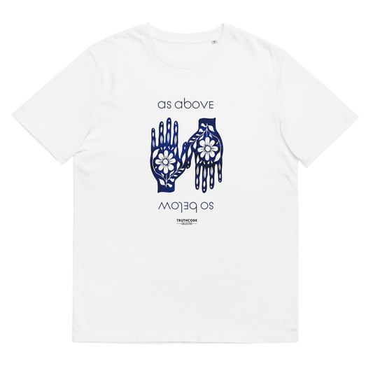 White organic t-shirt with hand graphic design and text 'As above so below' on a white background