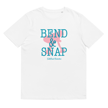 White organic t-shirt with 'Bend & Snap' text and football center graphic design, shirt is on a white background
