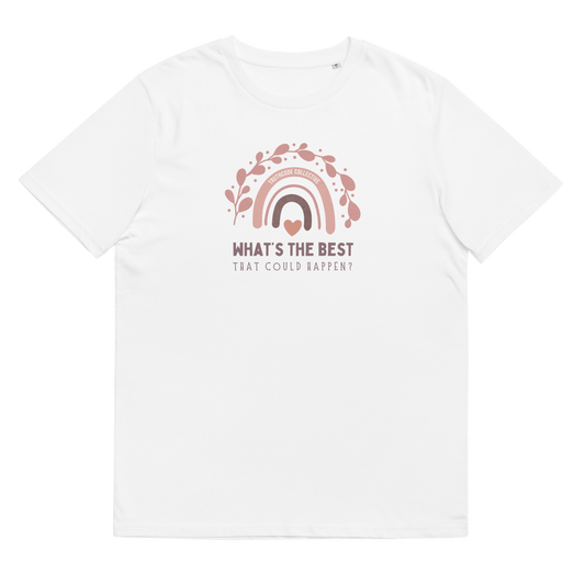 White organic t-shirt with a pink rainbow and text design 'What's the best that could happen?' on a white background