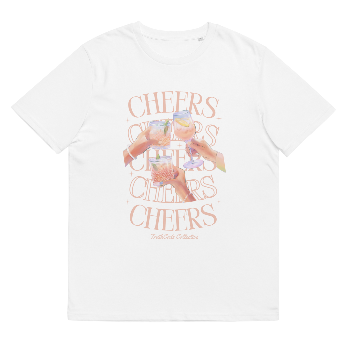 White organic t-shirt with 'Cheers' text and graphic design of hands clinking glasses on a white background