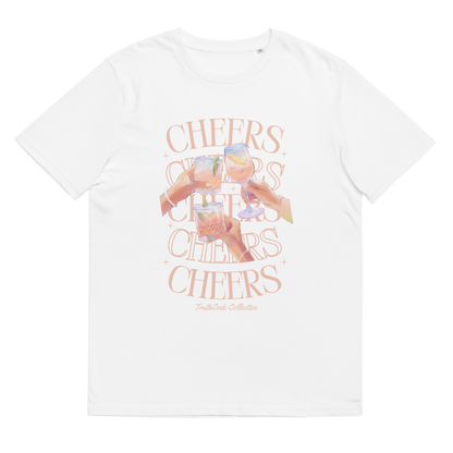 White organic t-shirt with 'Cheers' text and graphic design of hands clinking glasses on a white background