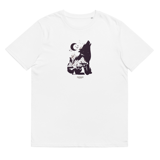 White organic t-shirt with a graphic of a wolf howling at the moon on a white background