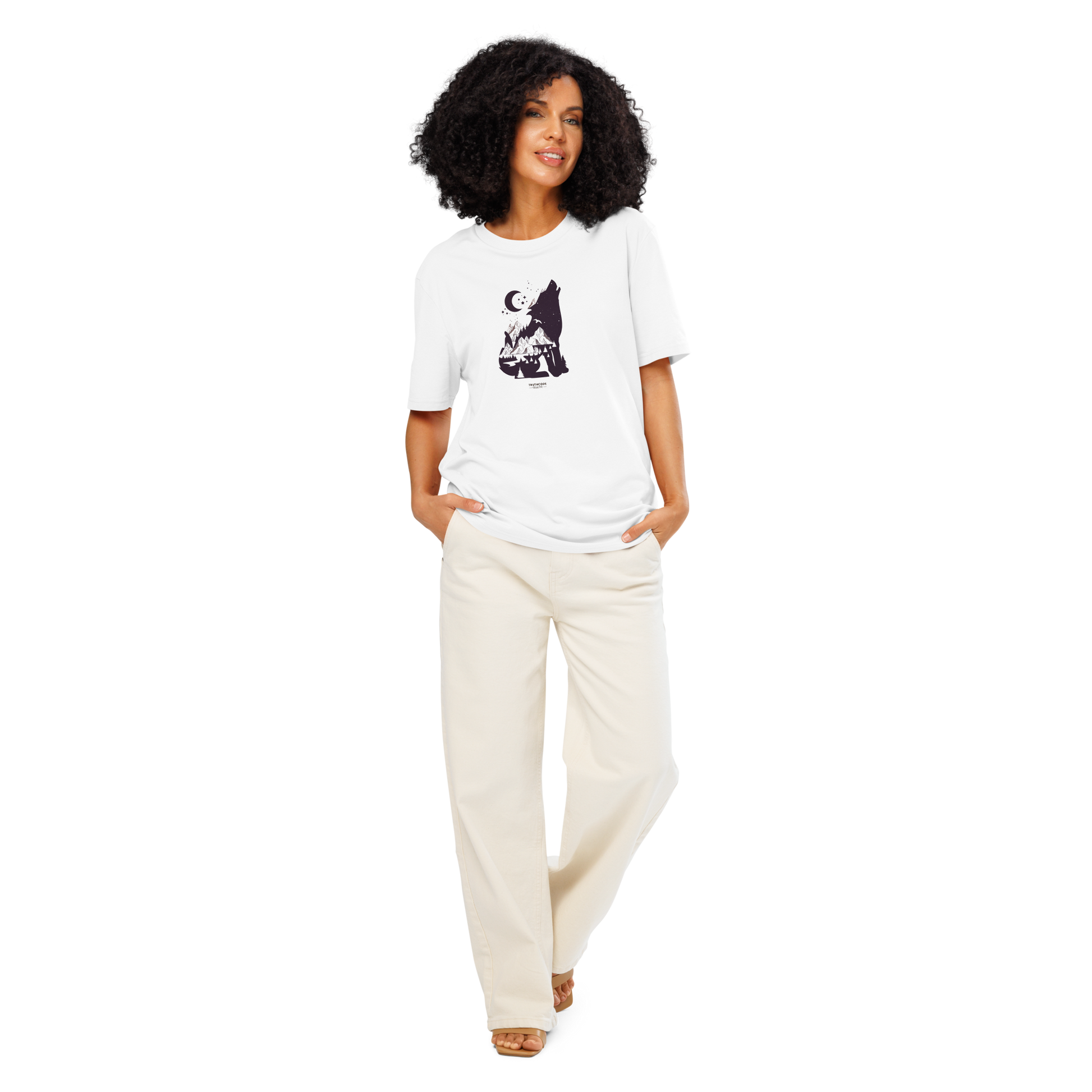 Woman wearing white organic t-shirt with a graphic of a wolf howling at the moon on a white background
