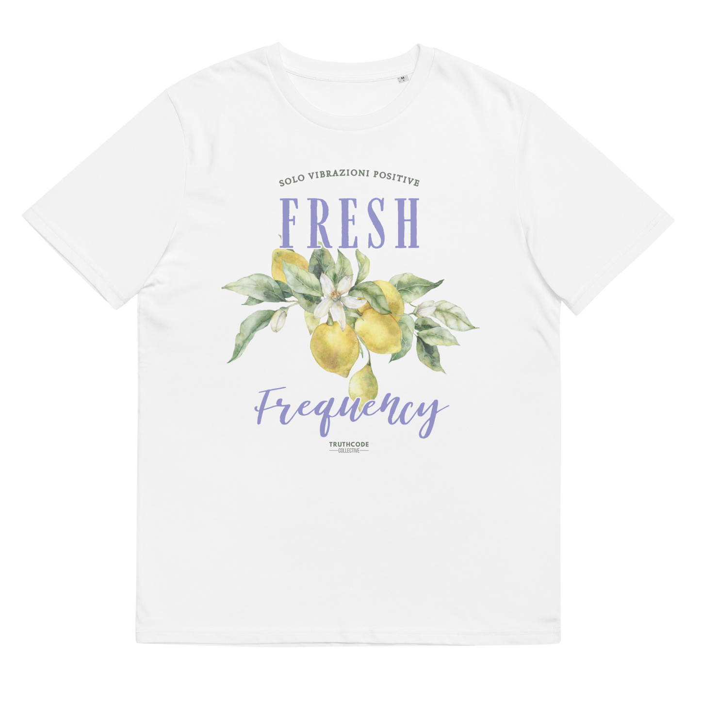 White organic t-shirt with lemon graphic and text 'Fresh frequency' on a white background